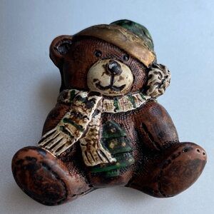 Festive Bear 🐻 resin hand painted Figurine with Scarf and Hat brooch